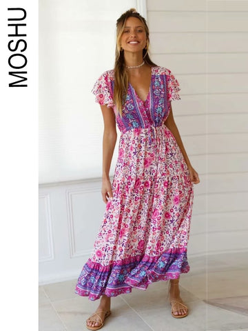 Bohemian Dresses for Women Long Beach Maxi Dress V Neck Floral Print Empire Waist A Line Vintage Female Sundress