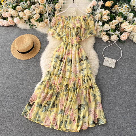 Bohemian Floral Chiffon Midi Dress Women Sexy Slash Neck Ruffle Short Sleeve A-line Printed Vacation Beach Vestidos Robe 2022