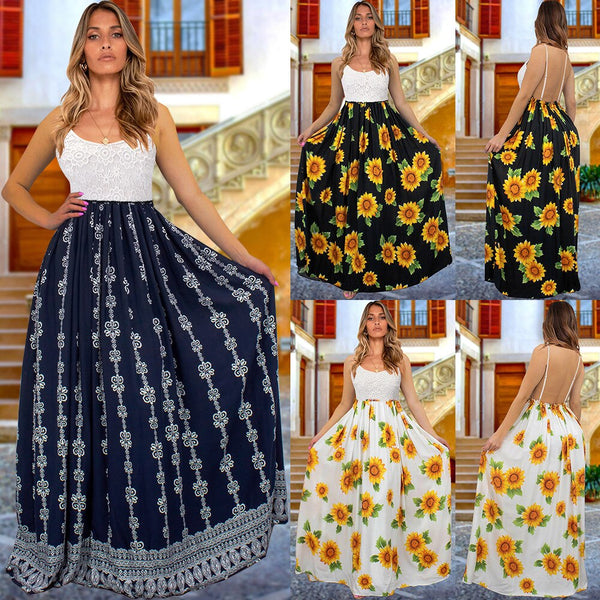 Bohemian Floral Print Beach Long Dresses Women Sleeveless Sling Lace Backless 2023 Summer Maxi Vestidos Woman Dress Undefined