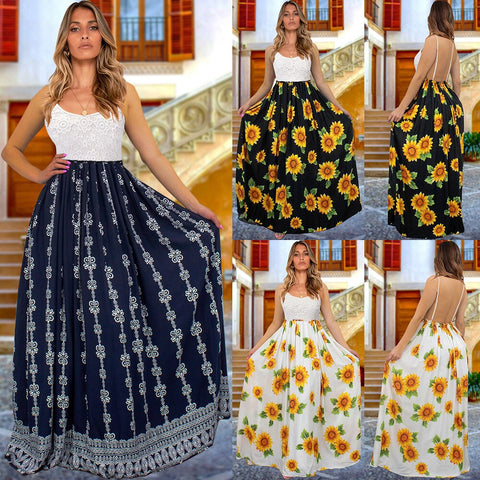 Bohemian Floral Print Beach Long Dresses Women Sleeveless Sling Lace Backless 2023 Summer Maxi Vestidos Woman Dress Undefined