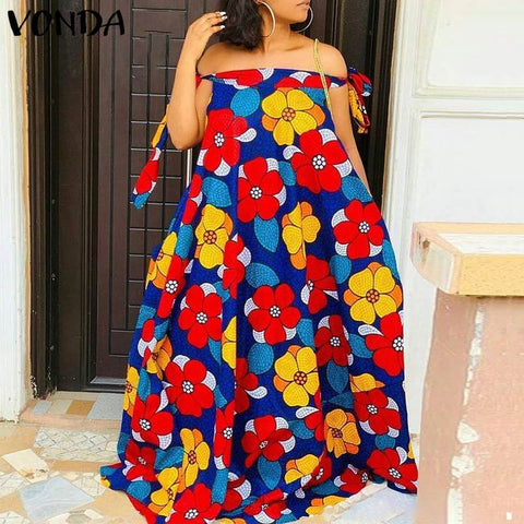 Bohemian Maxi Dress VONDA 2023 Women Sexy Off Shoulder Vintage Floral Printed Pleated Long Vestidos Sleeveless Summer Party Robe