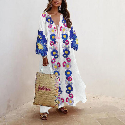 Bohemian Maxi Dresses For Women Summer Floral Print Beach Dress Ethnic Style Long Sleeve V Neck Tassel Plus Size Long Dress 2022