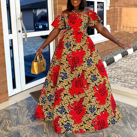Bohemian Off Shoulder Dress VONDA 2023 Women Sexy Flare Sleeve Printed Long Maxi Dress Baggy Vestido Robe Femme Ovesized Robe
