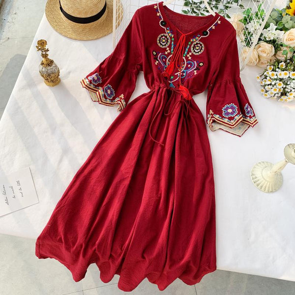 Women's Bohemian Style Desert Outing Floral Embroidery Tassel Indie Folk Long