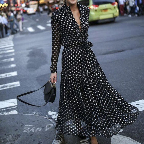 Bohemian Style Women Dress Sexy Vintage Maxi Polka Dot V-Neck Wrap Dress Elegant Women Dresses Evening Party High Waist Dresses