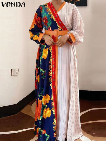 Bohemian Sundress  Women Floral Printed Maxi Dress 2023 VONDA Vintage Patchwork Sundress Casual Vestidos Oversized Robe Femme