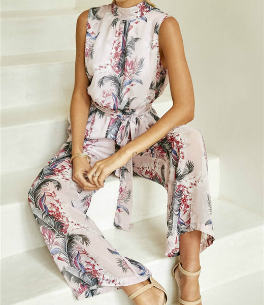 2022 New Floral Printed Jumpsuits Rompers Sexy Backless Sleeveless Halter Chiffon Jumpsuit Wide Leg Pants Long Female GV479