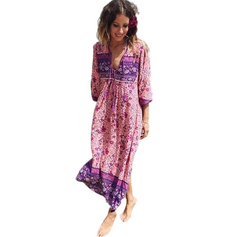Dress Chic Floral Print Cotton Maxi Dess V-neck Long Sleeve Tassel Women Dresses 2022 Autumn Bohemia Femme Dresses