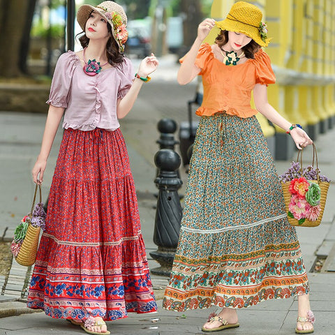 Boho Floral A-Line Women's Maxi Skirt Elastic High Waist Sashes Vintage Pleated 2022 Summer Clothes Female