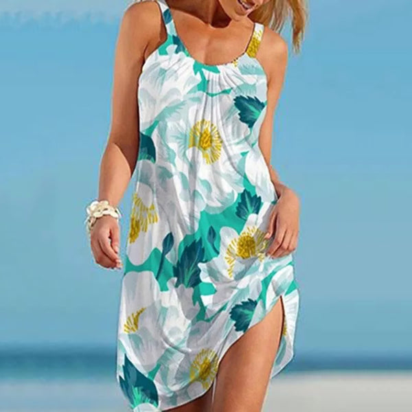 Boho Floral Printed Strap Dress Holiday Seaside Casual Loose Sling Dress Women Beach Pullover Vintage Dress Vestido De Mujer 40#