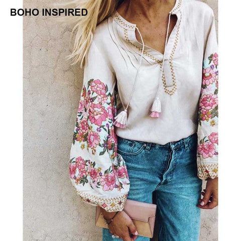 Inspird floral Embroidered Blouse Long lantern Sleeve V-neck tassles women's shirts chic ukraine blouses tops blusas
