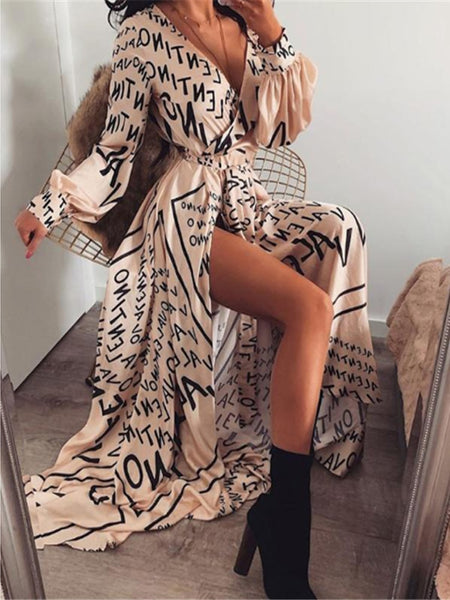 Boho Printed Floral Long Maxi Dress Women Female Casual Loose Ankle-Length Empire V-Neck Long Splits Dresses Vestidos