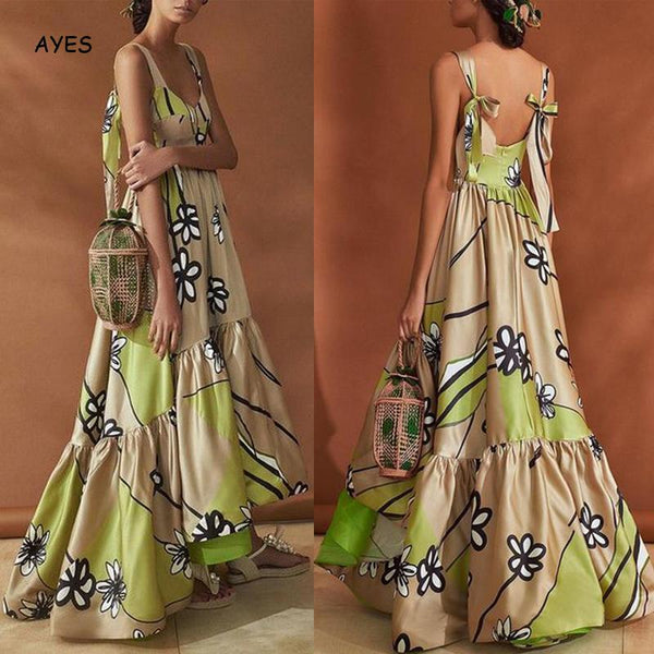 Boho Ruffled Long Dress Women Sexy Backless Sleeveless Floral Print Maxi Robe Elegant Large Hem Sling Long Beach Party Dress