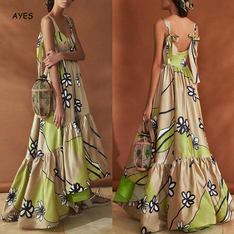 Boho Ruffled Long Dress Women Sexy Backless Sleeveless Floral Print Maxi Robe Elegant Large Hem Sling Long Beach Party Dress