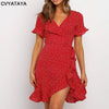 Boho Ruffles Wrap Summer Dress Sexy V Neck Short Sleeve Floral Printed A Line Self Tie Mini Red Dresses For Women Vestidos