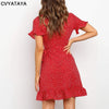 Boho Ruffles Wrap Summer Dress Sexy V Neck Short Sleeve Floral Printed A Line Self Tie Mini Red Dresses For Women Vestidos