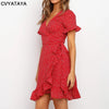 Boho Ruffles Wrap Summer Dress Sexy V Neck Short Sleeve Floral Printed A Line Self Tie Mini Red Dresses For Women Vestidos