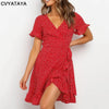 Boho Ruffles Wrap Summer Dress Sexy V Neck Short Sleeve Floral Printed A Line Self Tie Mini Red Dresses For Women Vestidos