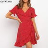 Boho Ruffles Wrap Summer Dress Sexy V Neck Short Sleeve Floral Printed A Line Self Tie Mini Red Dresses For Women Vestidos