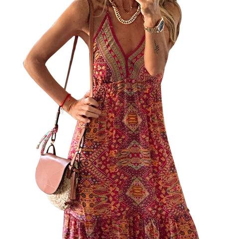 Boho Style Vantage Sundress Women's Maxi Dress Floral Midi Sleeveless Deep V Neck Loose High Waist Summer Girl’s Beach Clothes