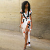 Boho Summer Print Long Dress Women Ladies Short Sleeve V-neck High Split Sashes Maxi Dresses Evening Party Sundress