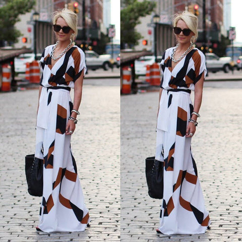 Boho Summer Print Long Dress Women Ladies Short Sleeve V-neck High Split Sashes Maxi Dresses Evening Party Sundress