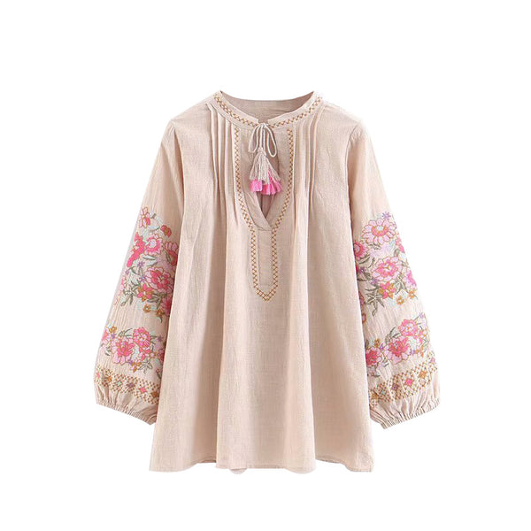 Vintage Floral Embroidery Tassel Pleated Tops Women Blouses New Fashion Lantern Sleeve Lady Shirts Casual Femme Blusas