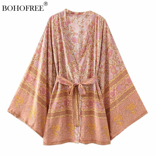 Boho Vintage Floral Print Short Kimono Casual Summer Beach Cover Ups Rayon Cotton Bohemian Robes
