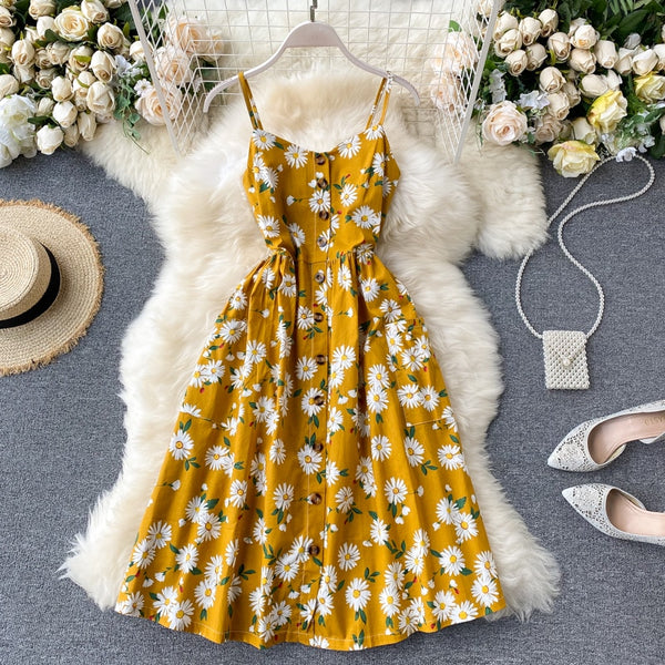 Boho button 2023 Sexy Spaghetti Strap floral print Midi Dress Summer Party Casual Women A-Line Beach Holiday knee length Dress