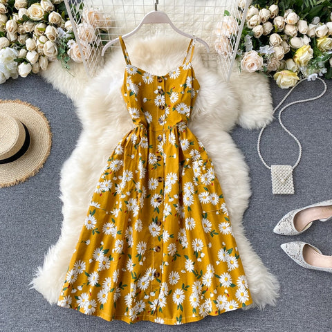 Boho button 2023 Sexy Spaghetti Strap floral print Midi Dress Summer Party Casual Women A-Line Beach Holiday knee length Dress