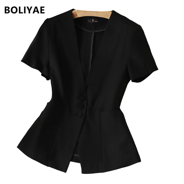 Boliyae 2023 Summer Women Blazer Femme Jackets Black Short Sleeve Small Suit Coat Office Lady Slim Fit Formal Tops