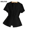Boliyae 2023 Summer Women Blazer Femme Jackets Black Short Sleeve Small Suit Coat Office Lady Slim Fit Formal Tops