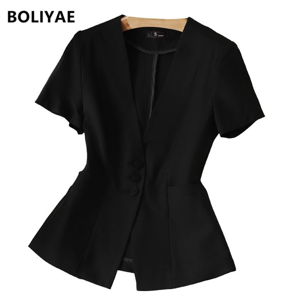 Boliyae 2022 Summer Women Blazer Femme Jackets Black Short Sleeve Small Suit Coat Office Lady Slim Fit Formal Tops