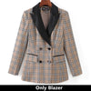Boliyae Autumn Winter Women Plaid Jacket Double Breasted Elegant Blazers Lady Outerwear Casual Office Trouser Suits Coat