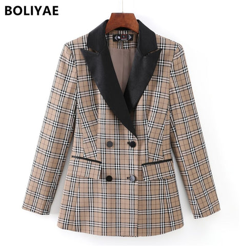 Boliyae Autumn Winter Women Plaid Jacket Double Breasted Elegant Blazers Lady Outerwear Casual Office Trouser Suits Coat
