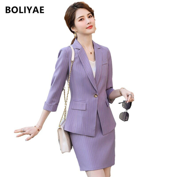Boliyae Suits with Skirt 2 Piece Set Women Office Blazers Spring and Autumn Female Stripe Jacket Tops Work Clothes Trf