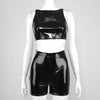 Bomblook Spring Solid Color Two Piece Set Women Backless Crop Faux Leather Suits Stretch Slim Shorts 2023 Women Outfits