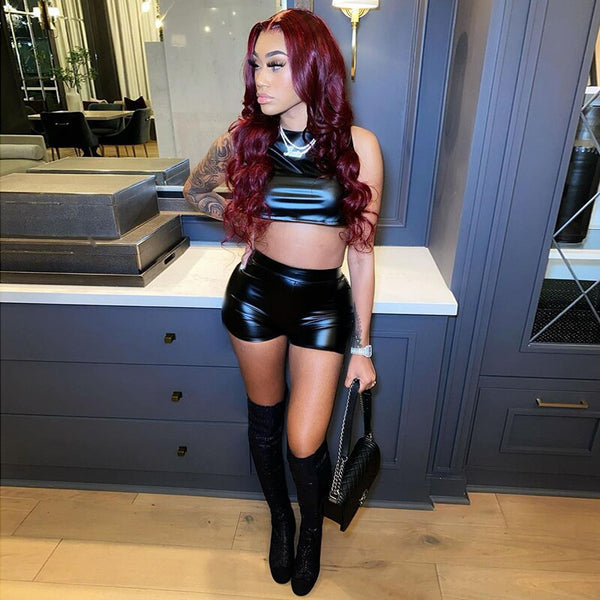 Bomblook Spring Solid Color Two Piece Set Women Backless Crop Faux Leather Suits Stretch Slim Shorts 2023 Women Outfits