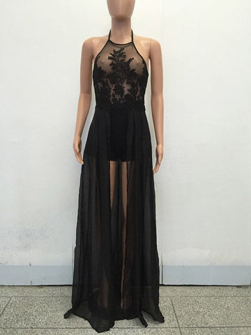 Elegant Floral Embroidery Maxi Skirt Romper 2022 Sexy Backless Chiffon Short Jumpsuits Overalls for Women Playsuit