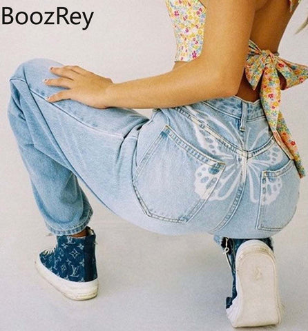 BoozRey Streetwear Pants Women Harajuku Butterfly Print Denim Straight-leg Trousers High Waist Denim Pants Y2k Clothes