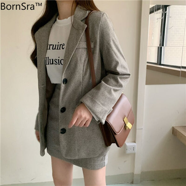BornSra Chic Two-pieces Set Women Skirt Suit Loose Jacket & Pencil Skirt Casual Female Blazer Sets Women Blazer suit 2022 Summer