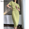 Bornladies 2022 Summer Short Sleeve Bodycon Green Dress Women Elegant Sexy Fold Slim Waist Mermaid Midi Dress 100% Cotton Dress