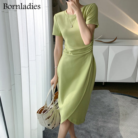 Bornladies 2022 Summer Short Sleeve Bodycon Green Dress Women Elegant Sexy Fold Slim Waist Mermaid Midi Dress 100% Cotton Dress