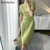 Bornladies 2022 Summer Short Sleeve Bodycon Green Dress Women Elegant Sexy Fold Slim Waist Mermaid Midi Dress 100% Cotton Dress