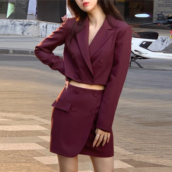 Bornladies Spring 2 Piece Sets Stylish Blazer Suits Women Summer Crop Coat + High Waist Pocket Mini Skirts Suits 2 Pieces Outfit