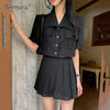 Bornsr 2022 Summer Cotton and Linen Workwear Short Jacket + Pleated Skirt and Culottes Set  Elegant Two Piece Women Dresses