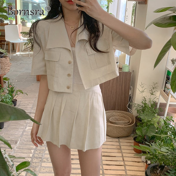 Bornsr 2022 Summer Cotton and Linen Workwear Short Jacket + Pleated Skirt and Culottes Set  Elegant Two Piece Women Dresses