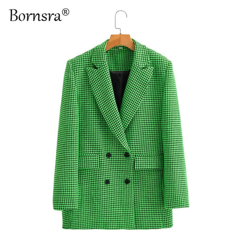Bornsra Women Vintage Tweed Plaid Thick Blazer Female Long Sleeve Elegant Jacket Ladies Work Wear Blazer Formal Suits