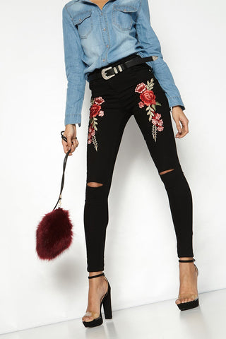 Stretch Embroidered Jeans For Women Elastic Flower Jeans Female Pencil Denim Pants Rose Pattern Pantalon Femme