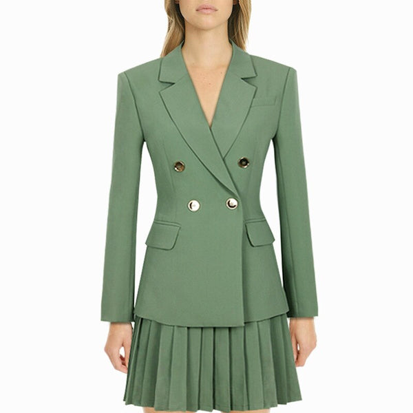 Boutique Gentle Style  Skirt Set Slim Suit Jacket Short Pleated Skirt Army Green Light  Office Lady